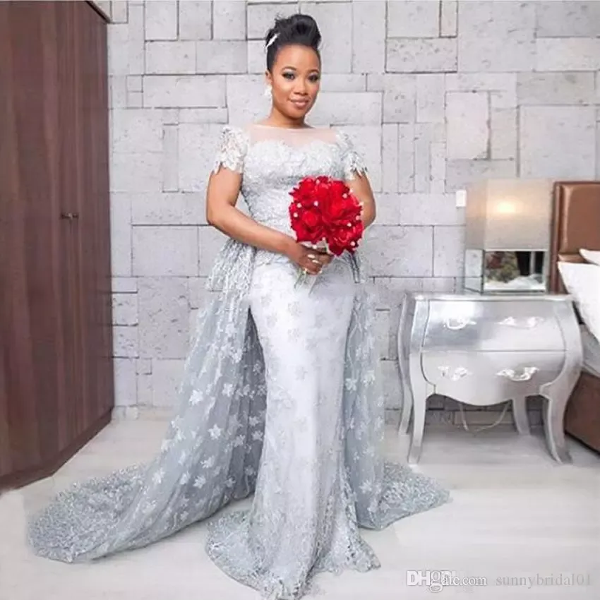 Vestidos de noche de encaje de plata más modestos con mangas cortas Cuello de novia vestidos Vestidos de noche de encaje de plata más modestos con mangas cortas Cuello de novia vestidos