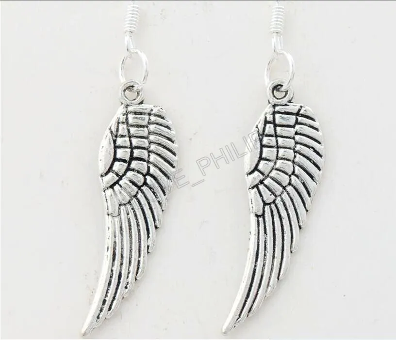 Angel Wing Dangle Candelier Örhängen 925 Silver Fish Ear Hook / E084 46.5x9.2mm