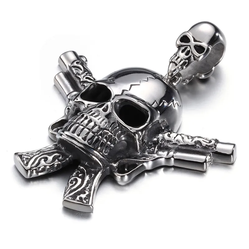 Large Casting Silver 316L Stainless steel Biker skeleton Skull Double Pistol Pendants Gothic Necklace Men's Cool Jewelry Gift246o