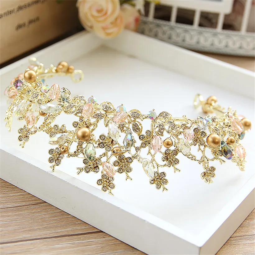 Whole Wedding Bridal Headpiece Hair Accessories Gold Beaded Headband Princess Crown Tiara Queen Jewelry Crystal Rhinestone Hea2498826