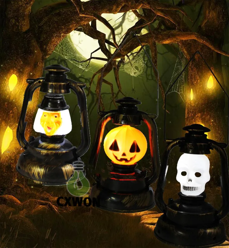 2016 Halloween decoration Trick toys Mini pumpkin lantern light with sound Ghost witch hand lamp Battery power supply for children gift