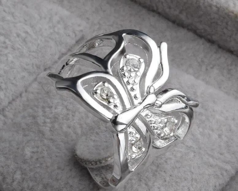 2017 nova moda chapeamento de prata esterlina 925 borboleta de cristal anel de abertura encantos belo bonito lindo anel 10 pçs / lote