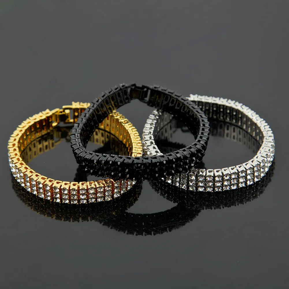 Bracelet à 3 rangées de diamants pour hommes, finition noir, or et argent, 8 pouces, 12mm, strass glacé, Hip Hop Bling, ewelry196K