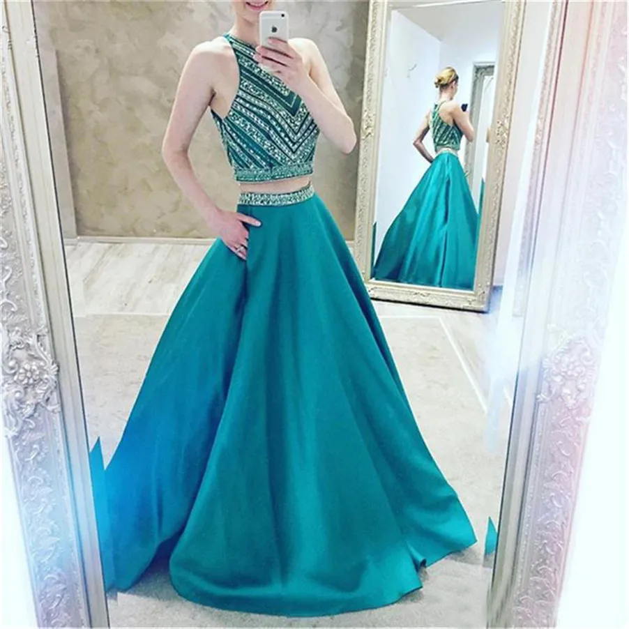 Turquoise Satin Two Piece Evening Gowns With Crystals And Pocket