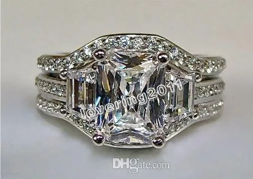 SZ5-11 darmowa wysyłka biżuteria księżniczka cut 10kt białe złoto wypełnione GF biały topaz CZ imitacja diamentu Wedding Lady kobiety zestaw pierścionków