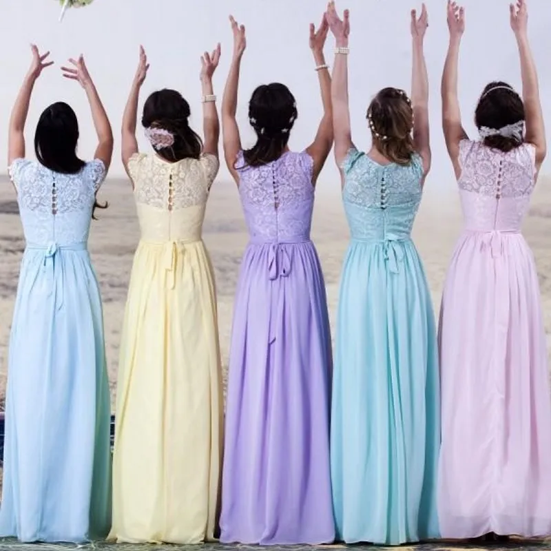 Dantel Şifon Uzun Gelinlik Modelleri Beach Country Düğün Parti Nedime Elbiseler Vestido Longo Nedime Abiye Ülke Batı Kapaklı