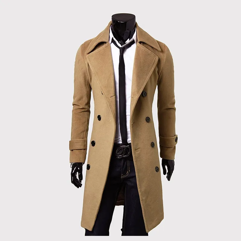 Fall-M-XXXL 3 Colors New Double Breasted long coat men Turn-down Collar men pea coat Plus size male coat Men's wool coat