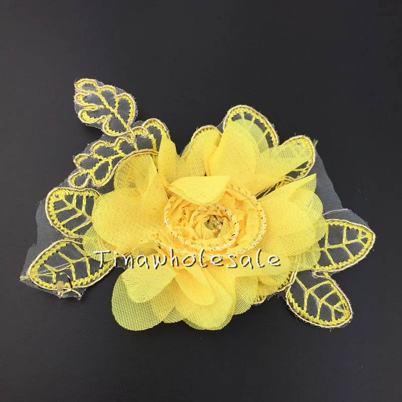 Summer Style chiffon lace patch Flower with gold leaf for Children Accessories infant Baby Hair Clips