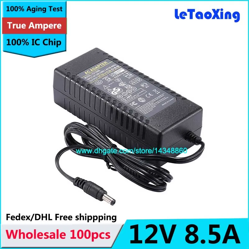100pcs With IC Chip AC DC 12V 8A Power Supply , 12V 8.5A Power Adapter For 5050 3528 LED Rigid Strip Light Display LCD Monitor Free shipping