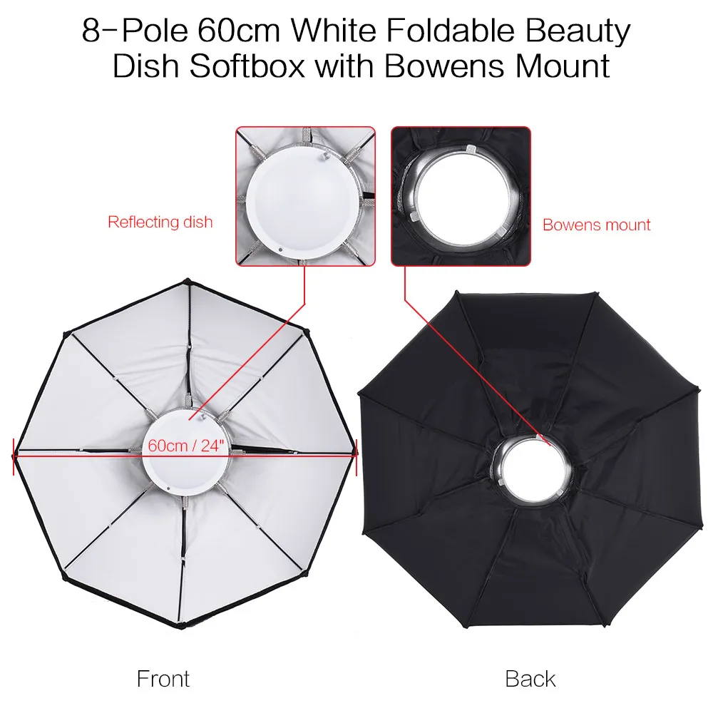 Freeshipping 8-Pole 60 cm Beyaz ile Katlanabilir Güzellik Çanak Softbox Bowens Dağı Studio Strobe Flaş Işığı