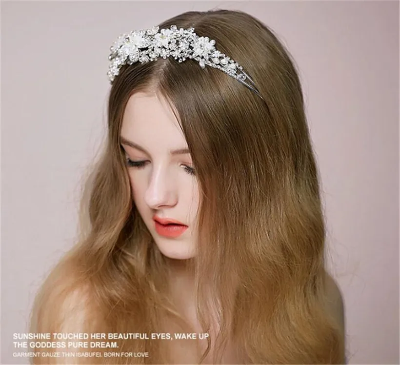 Vintage Wedding Bridal Rhinestone Crown Tiara Pearls Headband Gold Silver Flower Floral Headpiece Hairband Jewelry Fashion Headdress Bling Head Accessories Gift