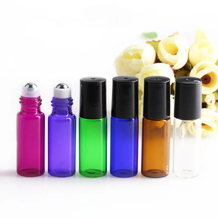 Choix de 6 couleurs !!! Rouleau de verre épais de 5 ml 1/6 oz sur bouteille de parfum vide d'huile essentielle avec bille roulante en acier inoxydable DHL gratuit