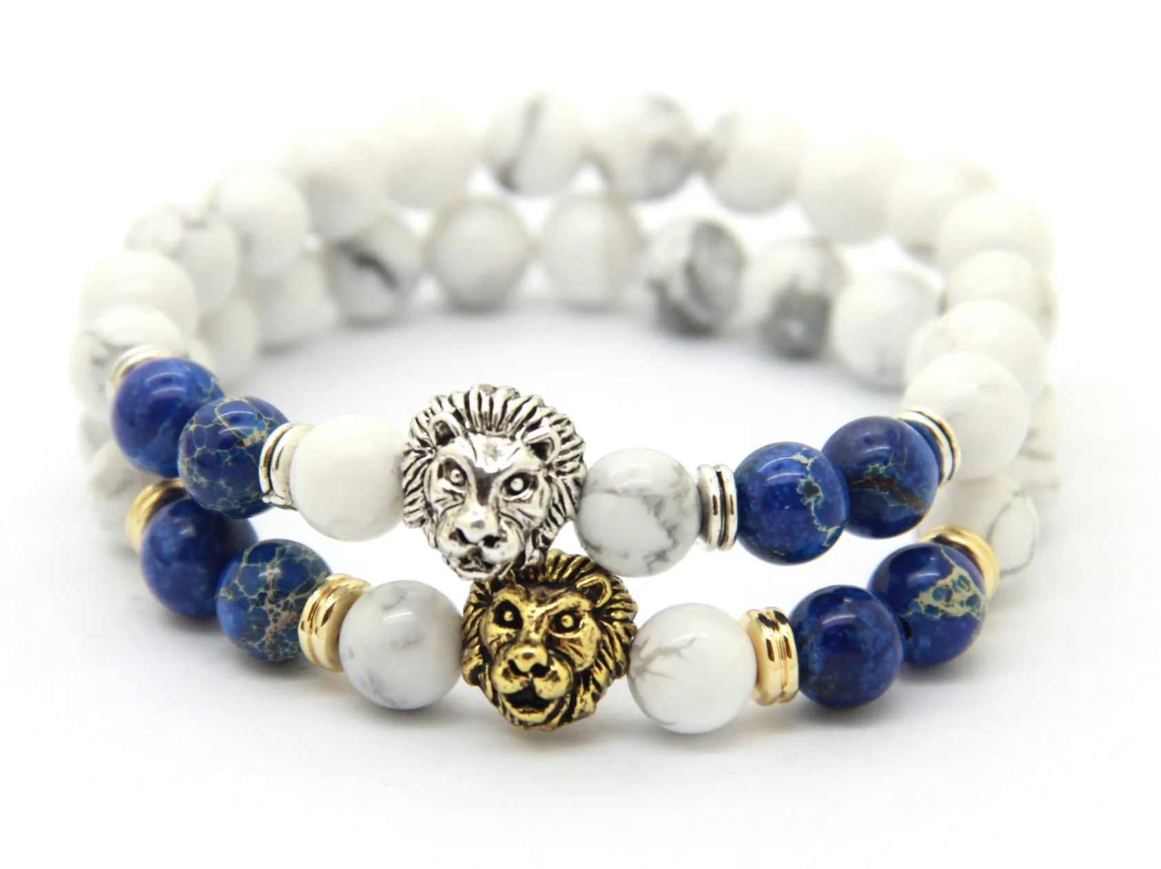 2016 Top Quality Bracelets Wholesale 8mm White Howlite&Blue Sea Sediment Imperial Stone Beads Gold&Silver Lion Head Bracelets