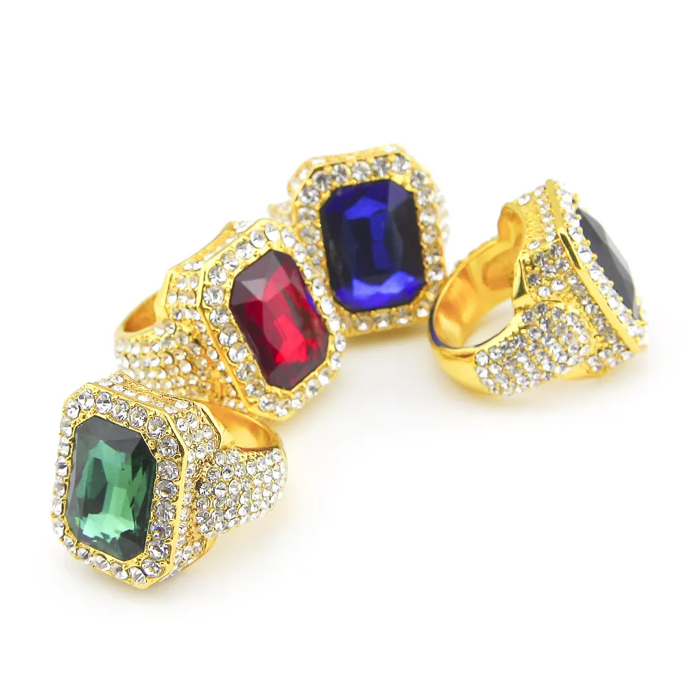 Men Gold Plated Ruby Hip Hop Ring Iced Out Micro Pave Punk Rap Jewelry Size Available