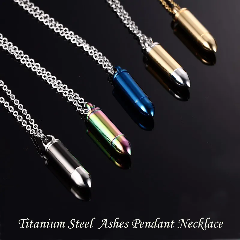 5Colors Men Titanium Steel Urn Lockets Necklaces Cremation Case Perfume Bottle Bullet Pendant Chains Necklace Women Jewelry Can be open put in Ashes