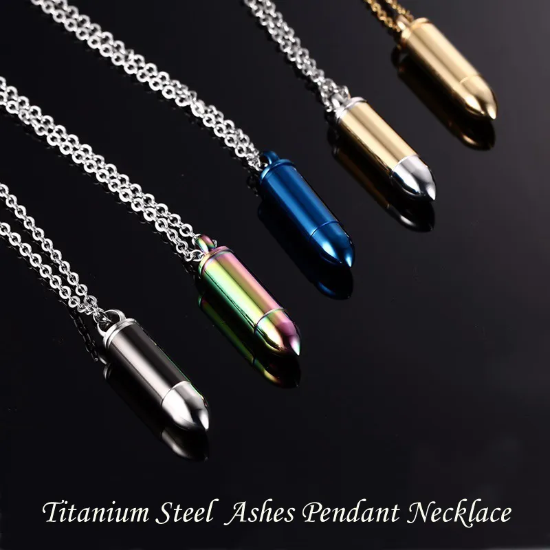 5 kleuren mannen titanium stalen urn medaillons kettingen crematie case parfum fles bullet hanger kettingen ketting vrouwen sieraden kunnen open zijn in Ashes