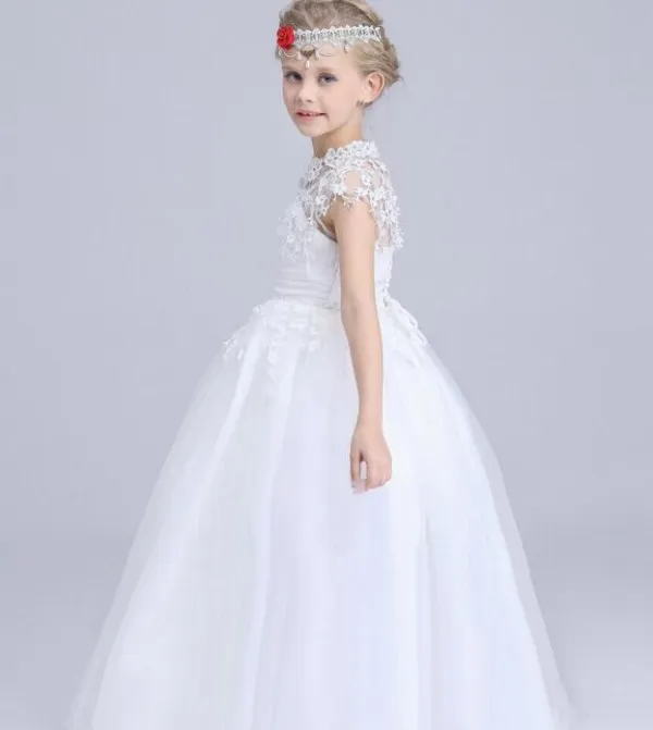 Belles Robes De Filles De Fleur Pour Les Mariages Princesse Puffy Tulle Filles Pageant Robes Sheer Neck Keyhole Corset Dos Dentelle Appliques Enfants Porter