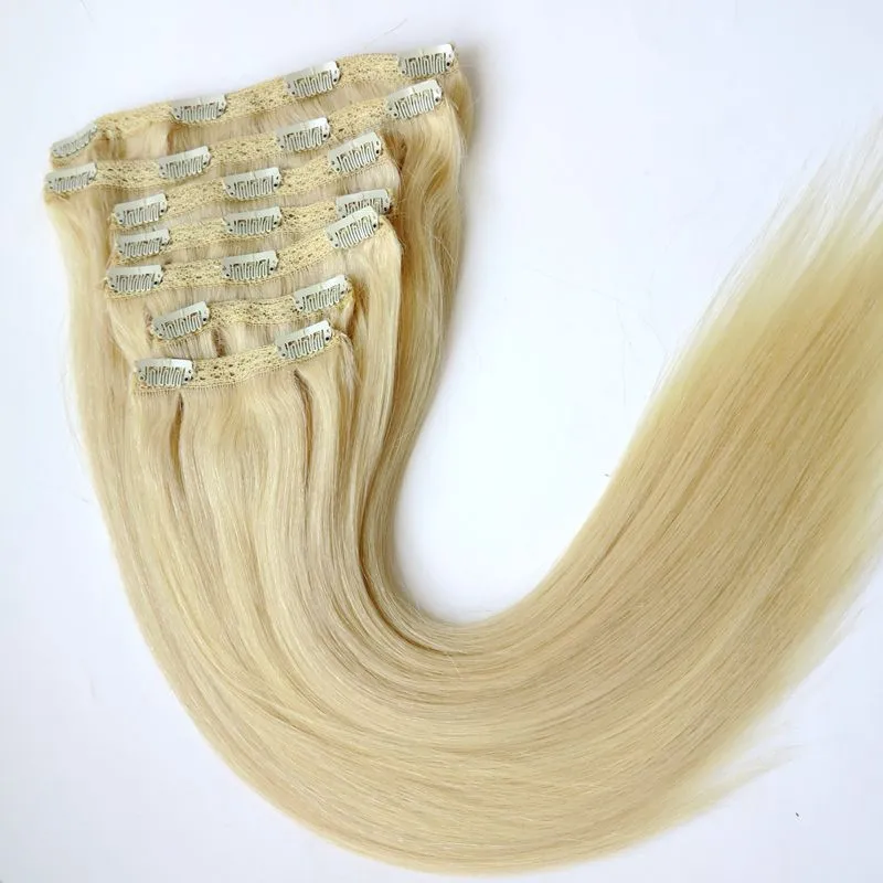 Clip in Hair Extensions Brazylijski Human Hair 20 22inch 60 # / Platinum Blonde Extensions Extensions 260g 7 sztuk / zestaw