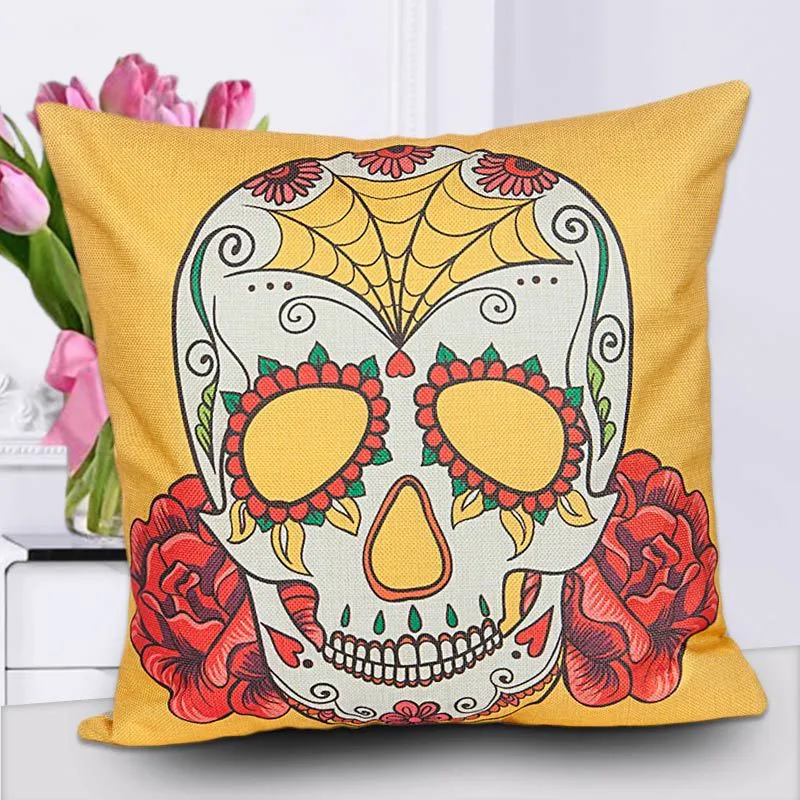 18 Colourful Skull Head Cotton Linen Throw Pillow Case Cushion Case Cover Square Decorative Pillows for Home Car Sofa210S