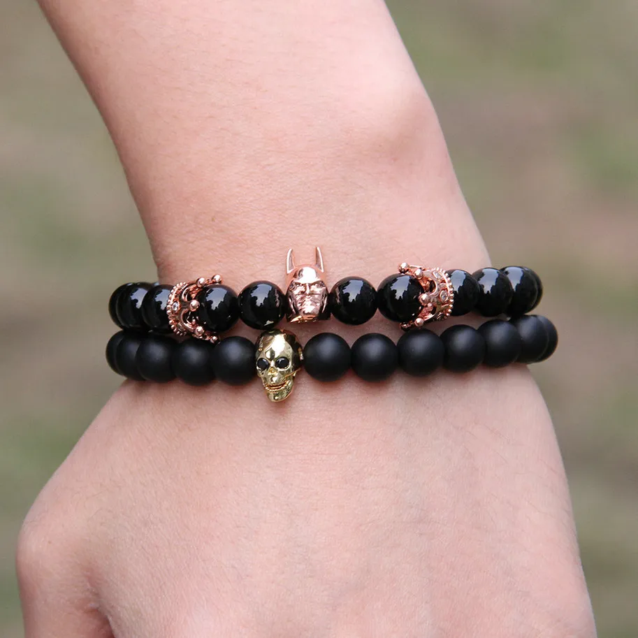 Mode Romerska Knight Crown Armband 8mm En Grad Black Onyx Stone Pärlor Fina män Kvinnor Charms Smycken