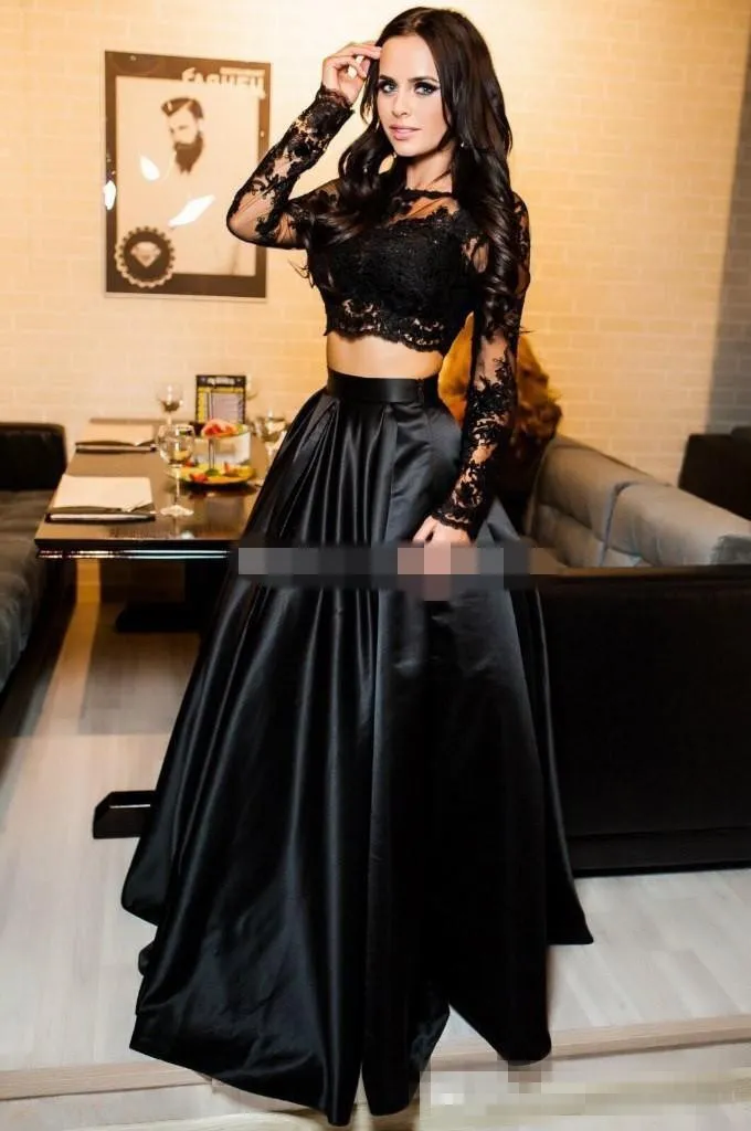 Two Piece Black Charming Prom Dresses Jewel Long Sleeve Appliques Stain Formal Evening Dresses Floor Length Plus Size Cheap Party Gowns