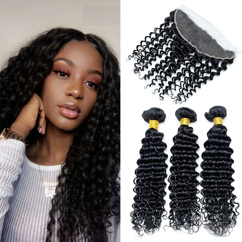 Pre Plucked Lace Frontal med Malaysiska Deep Wave Bundles 3pcs Malaysiska Virgin Hair Bundles With Lace Frontal Obehandlat Human Hair Weave