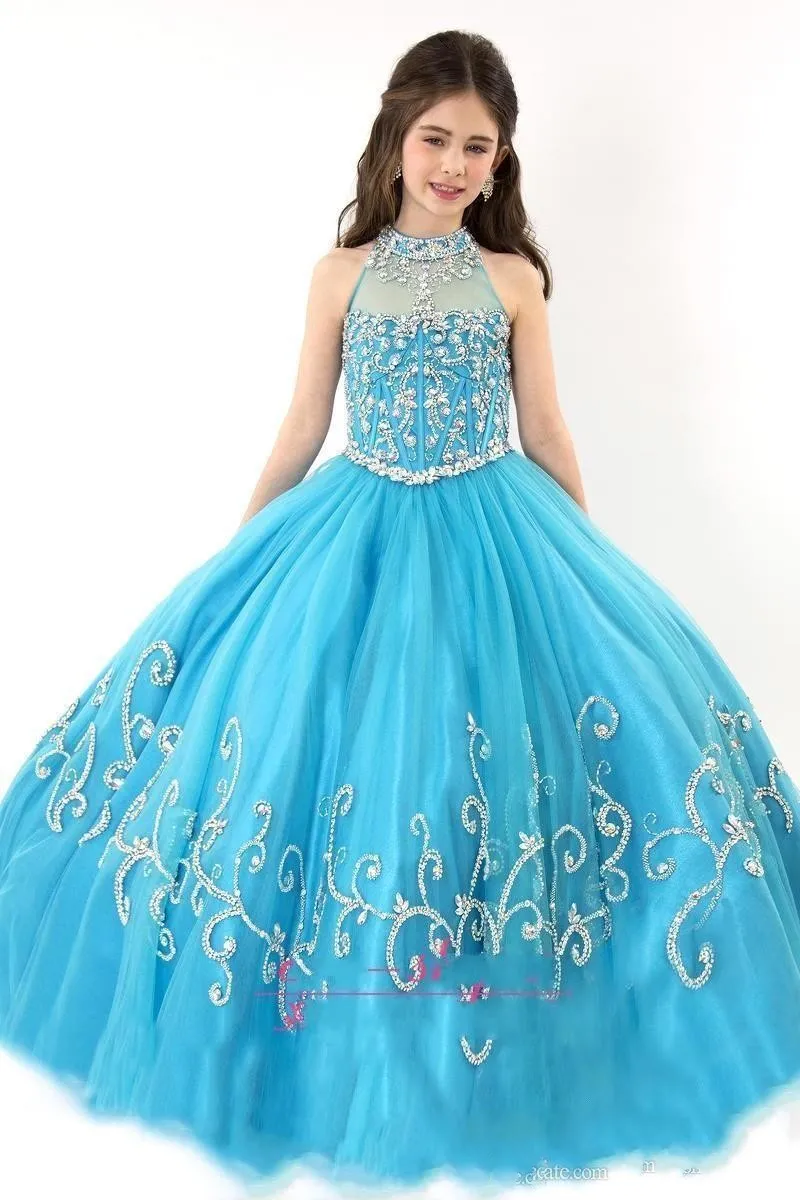 2019 Ny Rachel Allan Girls Pagant Klänningar Sheer High Neck Beaded Crystal Ärmlös Bollklänning Turkos Tulle Flower Girl Dresses 153