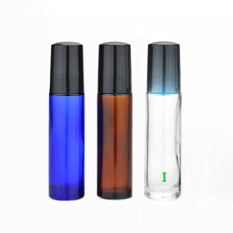 VERY Popular New Glass Roller Bottles ! 10ml 1/3OZ Glass Roll On Bottles with Metal Ball and Black Cap for Essential Oil Perfume