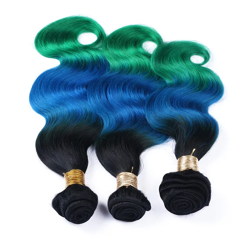 1B Blu Verde Ombre Estensioni di trame di capelli umani brasiliani Onda del corpo Tre toni Ombre Fasci di capelli umani di Remy vergini Groviglio libero