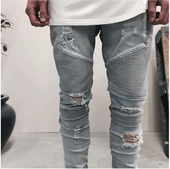 NOVO 2016 Buraco de Rua BIKER JEANS estéreo de recorte elástico Buraco Rasgado Calça Jeans homens denim pé do pé da locomotiva JEANS Strech Skinny Biker Pants