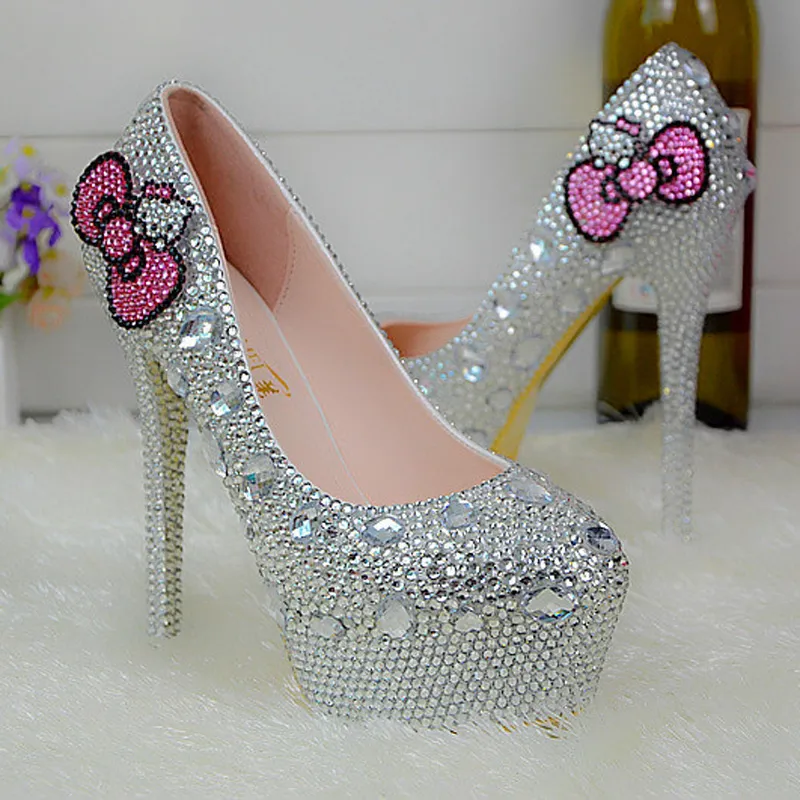 Kitty Silver Rhinestone Bridal Wedding Shoes Graudation Party Prom High Heel Shoes Formal Dress Pumps Plus Size