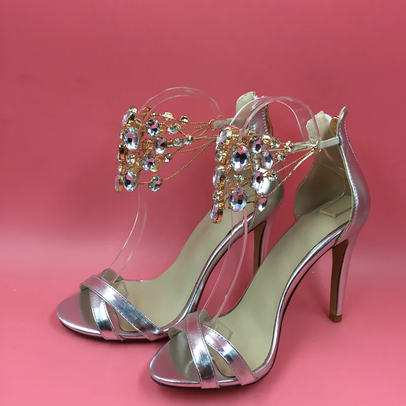 Real Photo Rhinestones Silver Women Sandals With Clear Rhinestones Stilettos High Heels Cross Straps Wedding Party Shoes Large Size