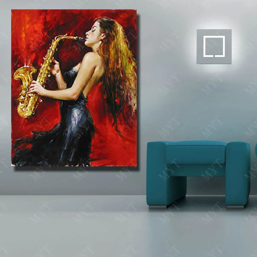 Artista dipinto sassofono performance pittura a olio decorazioni la casa moderne immagini dipinte a mano su tela pittura ragazza senza cornice