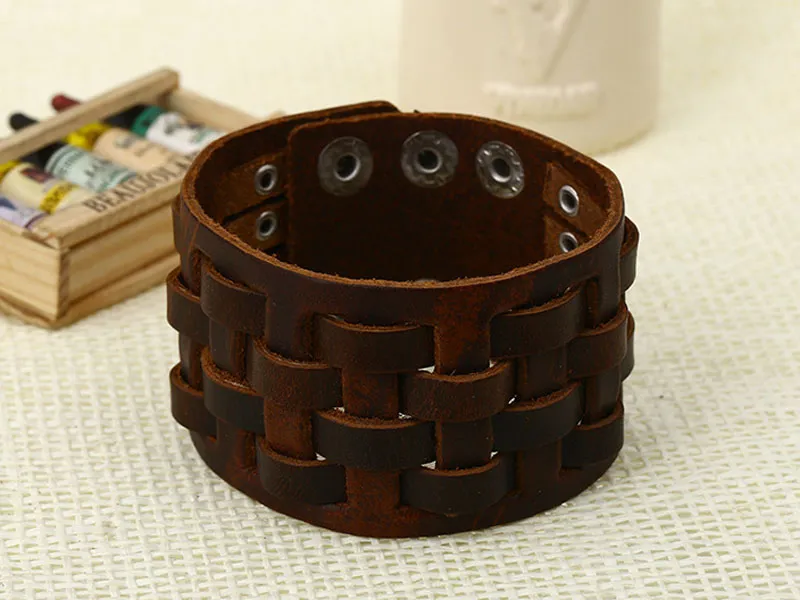 Bracelets en cuir véritable Vintage manchette Wrap Bracelets hommes femmes mode large bouton Bracelets réglables meilleur cadeau