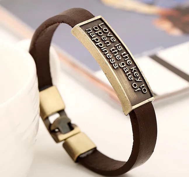 Fashion national wind! 100% cowhide bracelet boy/man Retro alloy Love is the key to open the gate of happiness leather bracelet 