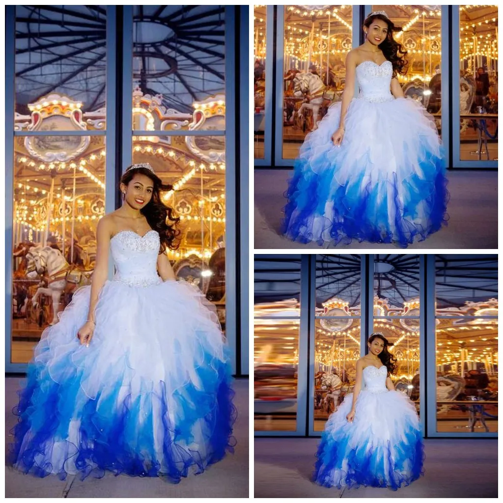 Paillettes perlées chérie Quinceanera robes joli dégradé bleu volants en cascade à lacets robe de bal gonflée à plusieurs niveaux longueur robe de bal