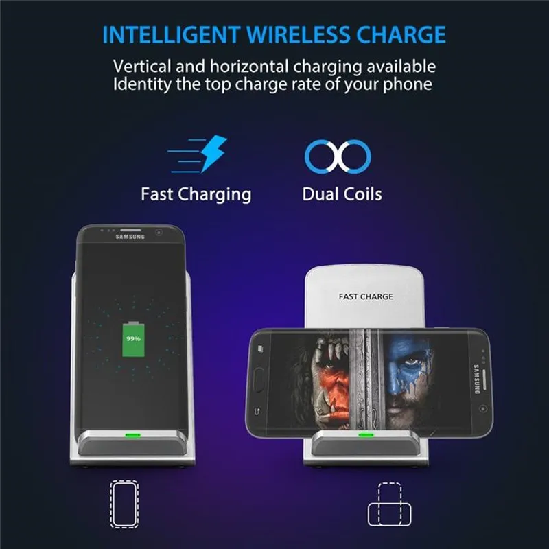 Qi Trådlös laddare Fast 2 Coil Wireless Laddningsställ Pad telefonhållare till iPhone X 8plus Samsung Note 8 S8 S7 Alla Qi-aktiverade smartphones