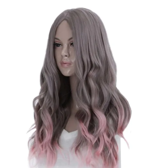 WoodFestival harajuku pink wig gradient blending grey cosplay long heat resistant wigs curly wavy wig synthetic hair high quality1079883