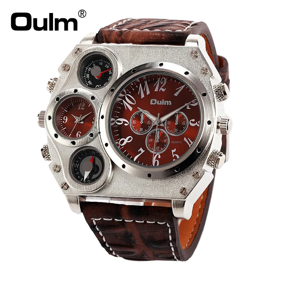 Oulm 1349 Men's Dual Movement Sports military Watch with Compass & Thermometer decoration black dial big size 5.8cm diameter Relogio