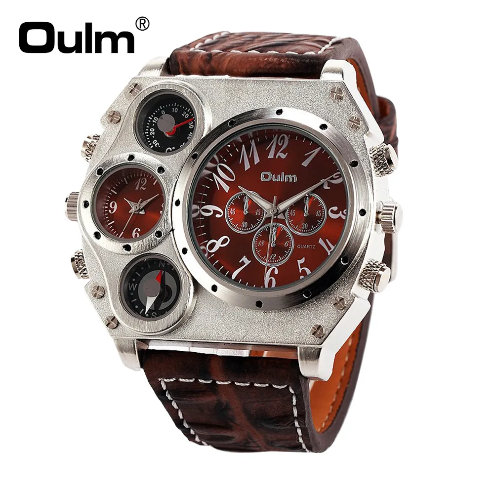 Oulm 1349 Montre militaire de sport à double mouvement pour homme avec boussole Thermomètre décoration cadran noir grande taille 5,8 cm de diamètre Relogio