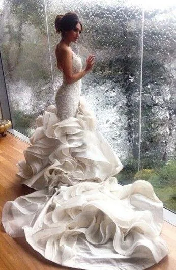 Vestido De Novia Sweetheart Dantel Ruffles Denizkızı düğün Elbise Kolsuz sırtı açık trompet Gelinlik 2021 Berta cheap boncuklu