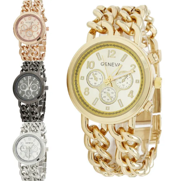 ジュネーブブレスレット時計女性ステンレス鋼腕時計ダブルストラップクォーツ時計カラー