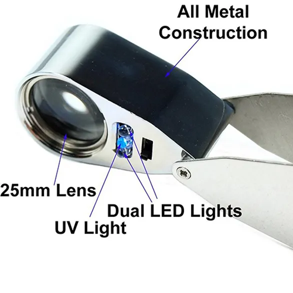 全メタル顕微鏡LED通貨検出ジュエリー拡大器識別タイプ40x25mm宝石照明Loupesポータブルハンドヘルド顕微鏡No.9890