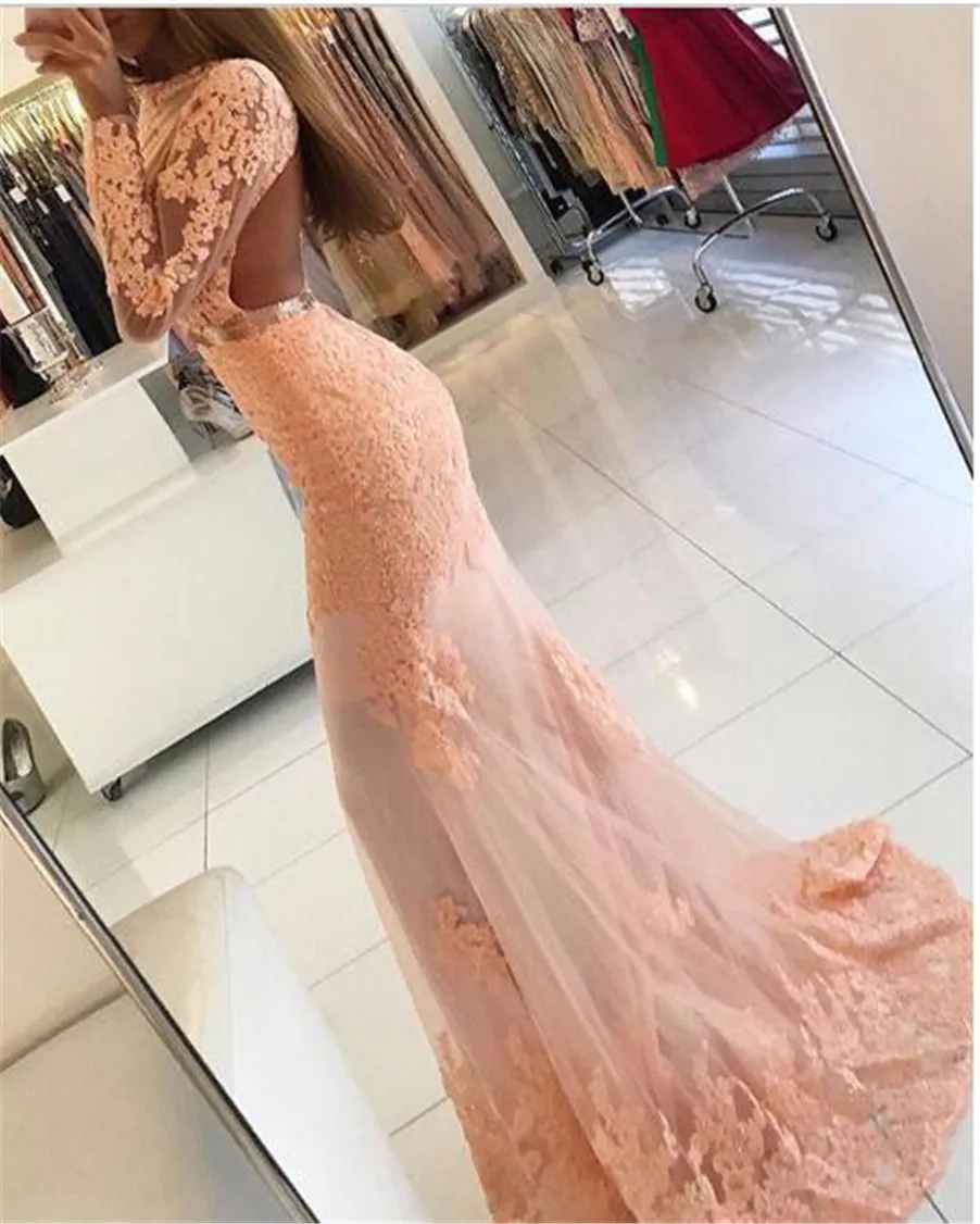 Nieuwste zeemeermin kanten appliques lange mouw hoge nek prom -jurk champagne zie door zeemeermin avondjurk vestido formatura4573959