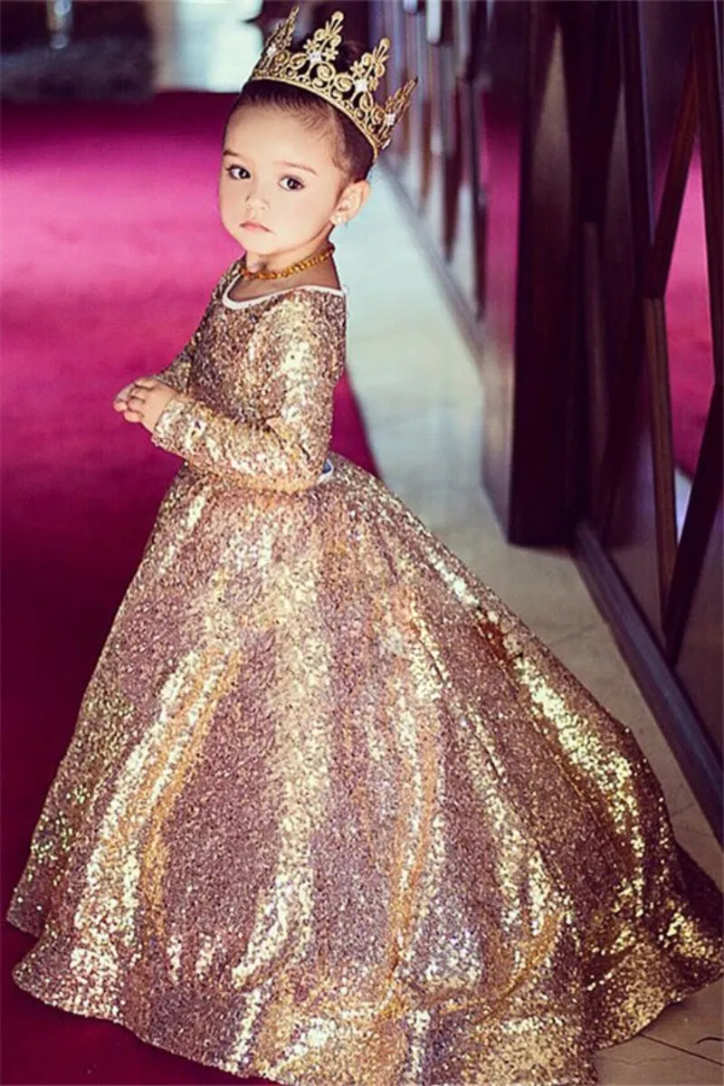 Sparkly Sequined Girls Pageant Dress Rose Gold Ball Gown Flower Girl Dresses Long SemeVes Kid Wedding Gowns2434