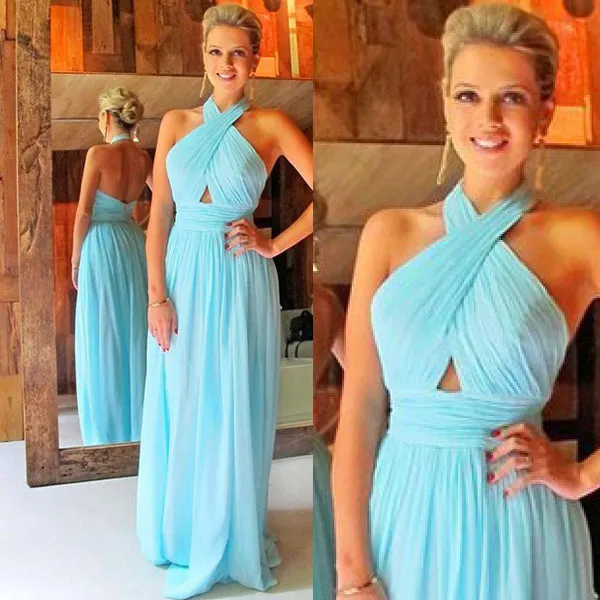 Sexy Prom Dresses Long Formal Halter Neck Sleeveless Backless Ruched Chiffon Light Blue Evening Party Gowns Beach Party Formal Wear