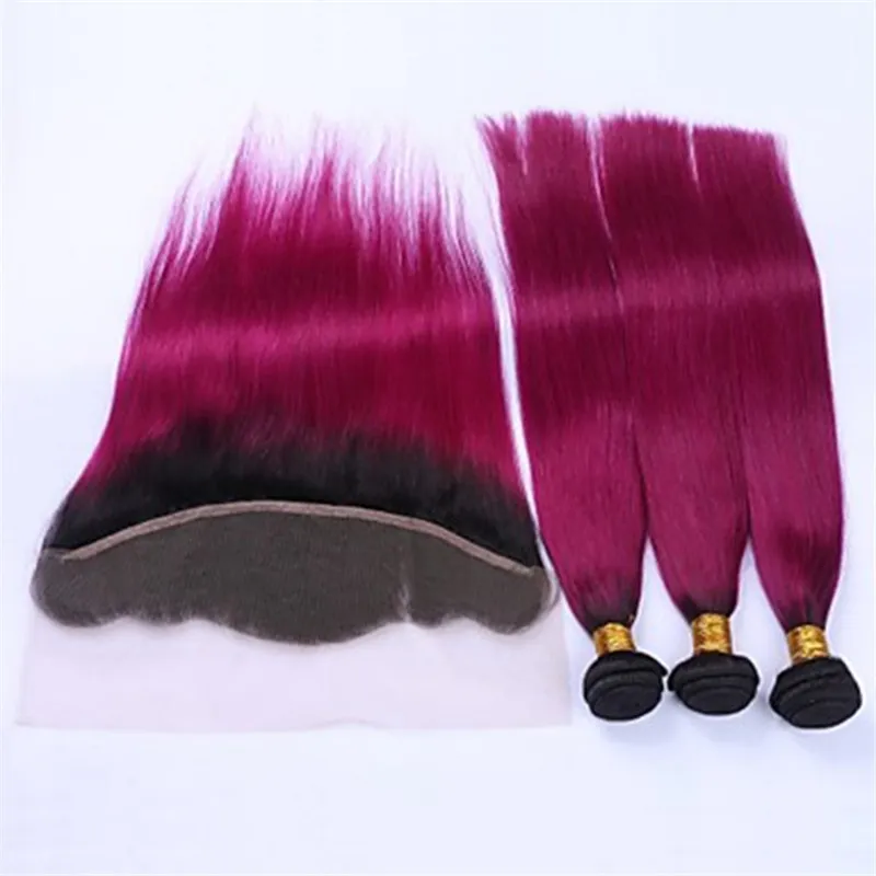 Brazilian Human Virgin Hair Fuschia Ombre Hair Bundles With Lace Frontal Closure 4pcs/lot Purple Peruvian Virgin Hair With Frontal Closure