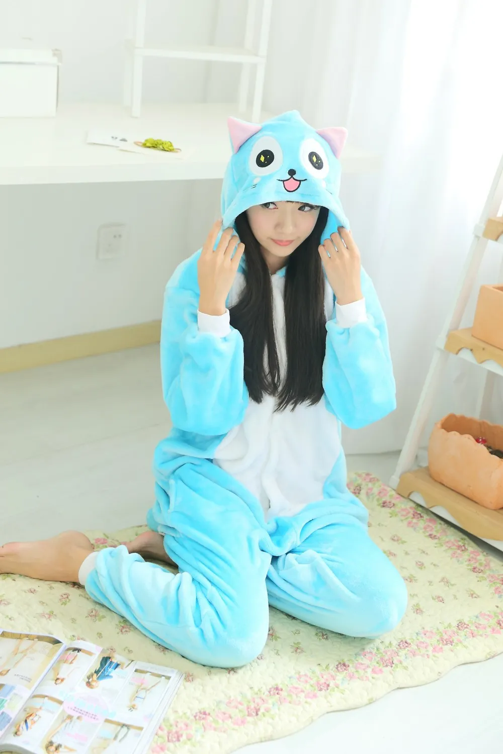 Fleece Anime Fairy Tail Happy Cat Onesie Niños Fiesta de dibujos animados Cosplay Disfraz mujer Pijamas adulto Blue Happy Cat Onesies mono con capucha