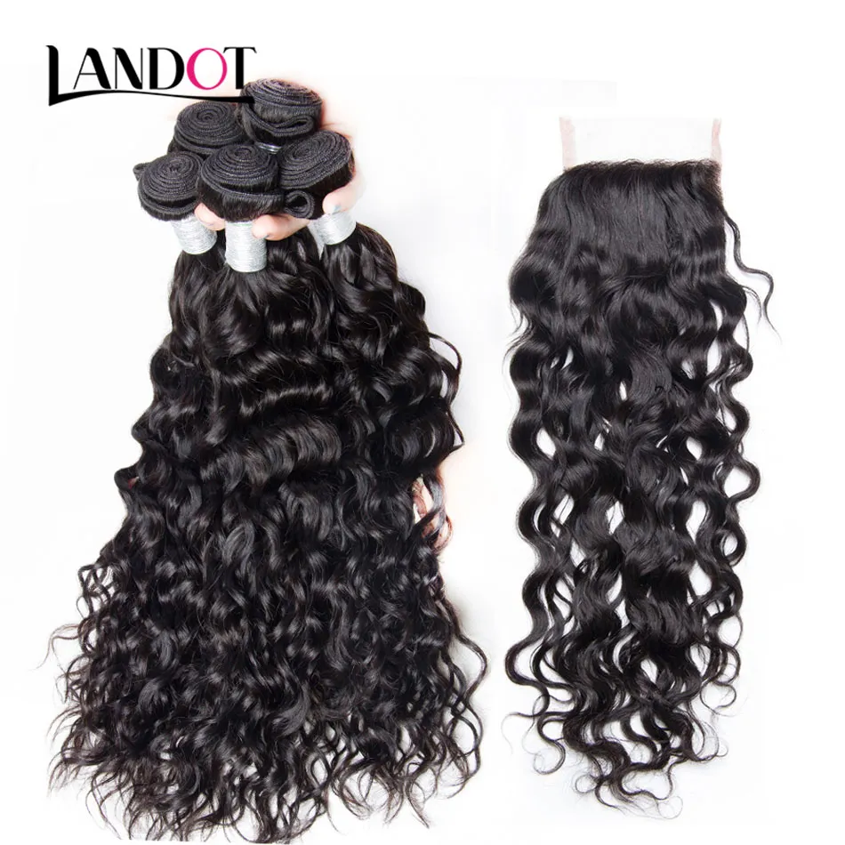 8A Brazilian Virgin Human Hair Weaves Bundles With Lace Closures Peruvian Indian Malaysian Cambodian Water Wave Wet And Wavy Natur5637638