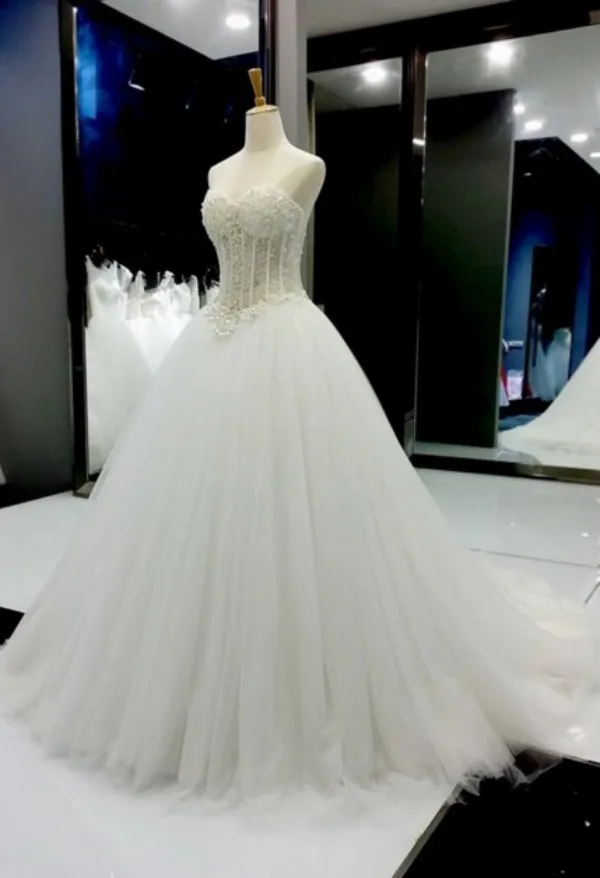 Stunning A Line Wedding Dress Luxury Beads Pearls Top Sleeveless Tulle ...